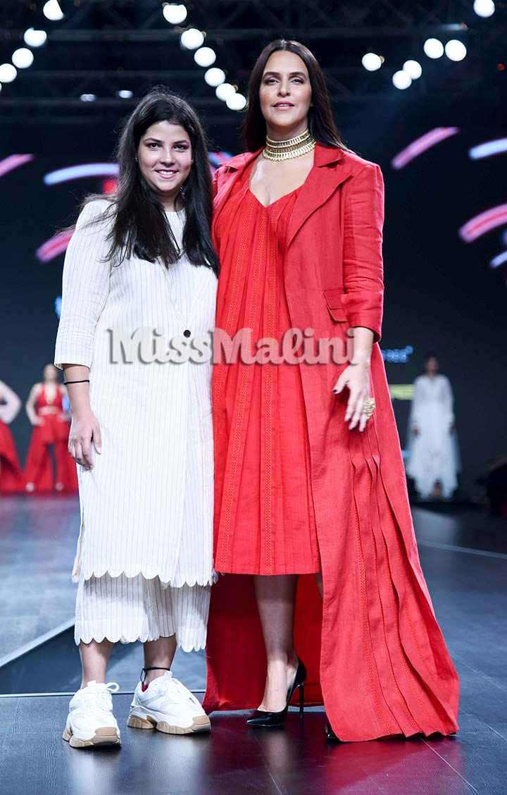 Neha Dhupia for Nidhika Shekhar at Lotus Makeup India Fashion Week Spring Summer 2020 in Delhi | Source: Yogen Shah