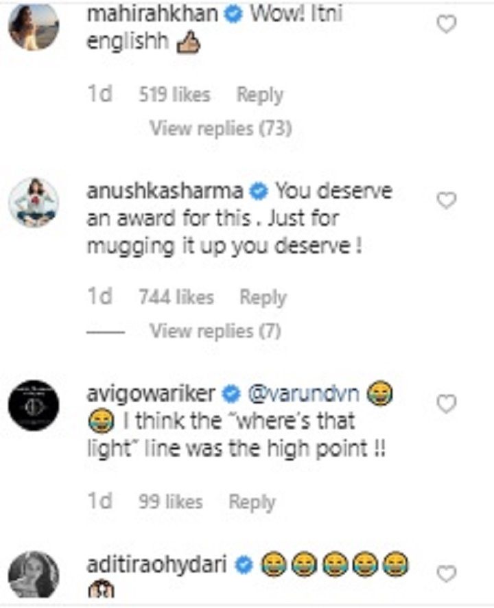 Anushka Sharma's comment on Varun Dhawan's video