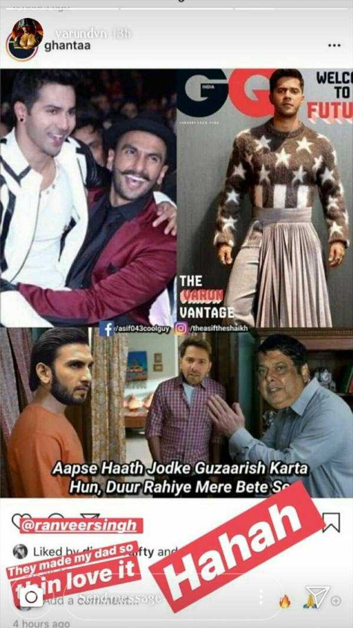 Varun Dhawan and Ranveer Singh's meme (Source: Instagram Stories | @varundvn)