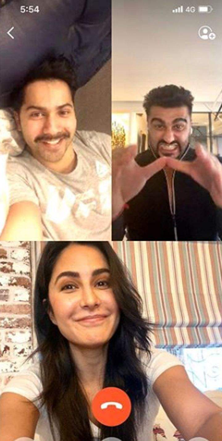 Varun Dhawan, Arjun Kapoor and Katrina Kaif on a video call (Source: Instagram | @katrinakaif)