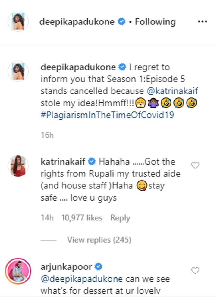 Katrina Kaif and Arjun Kapoor's comment on Deepika Padukone's post (Source: Instagram | @deepikapadukone)