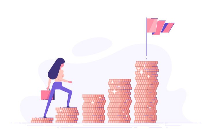 Businesswoman climbing stairs on stacks of coins towards financial goal by LanKogal | www.shutterstock.com