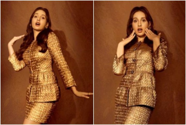 Nora Fatehi’s Gold Skirt Suit Is Perfect For Holiday Season