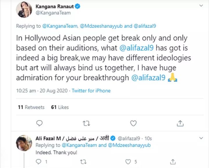 Kangana Ranaut and Ali Fazal's twitter exchange
