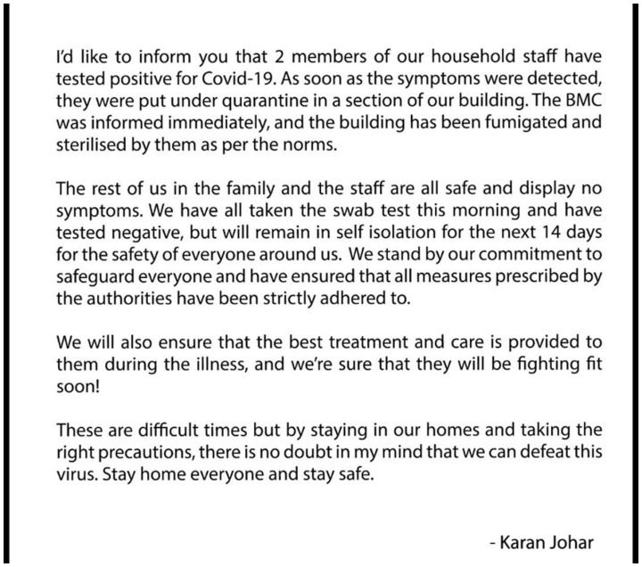 Karan Johar's Statement, (Source: Instagram Stories | @karanjohar)
