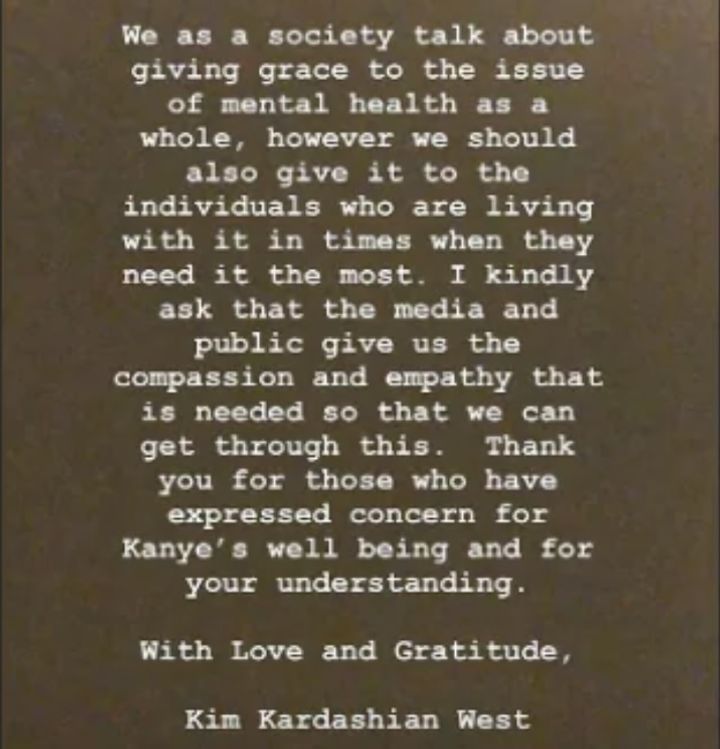 Kim Kardashian West's statement on Kanye West's bi-polar disorder (Source: Instagram | @kimkardashian)