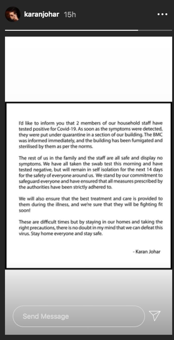 Karan Johar's statement on house-staff testing COVID-19 positive (Source: Instagram | @karanjohar)
