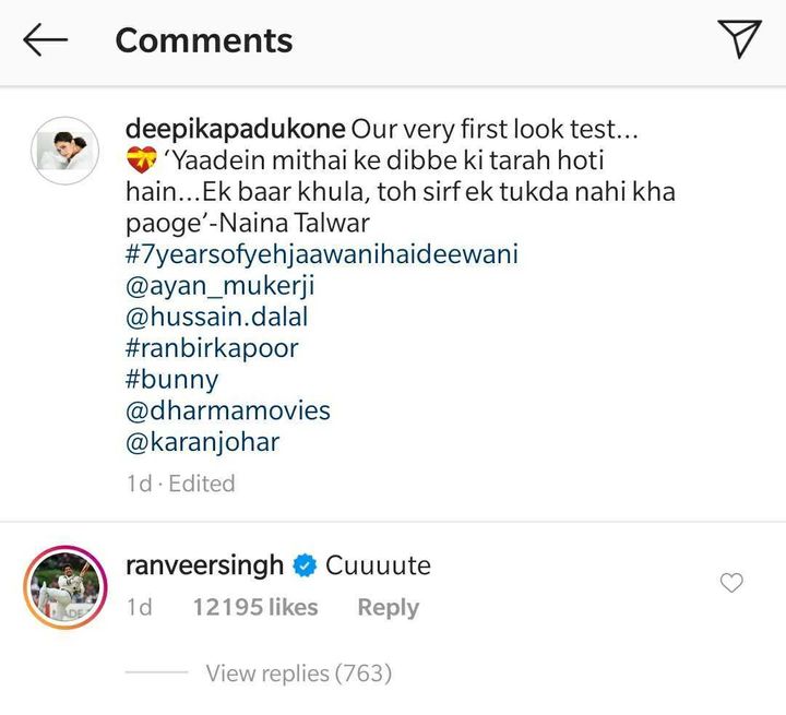 Ranveer's comment on Deepika's picture (Source: Instagram | @deepikapadukone)