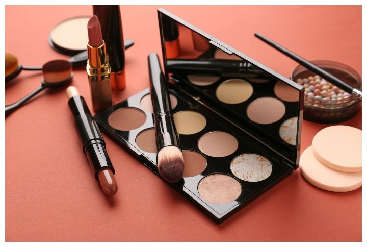Set of Festive Beauty cosmetics for contouring makeup on color background by Pixel-studio | (Source: www.shutterstock.com)
