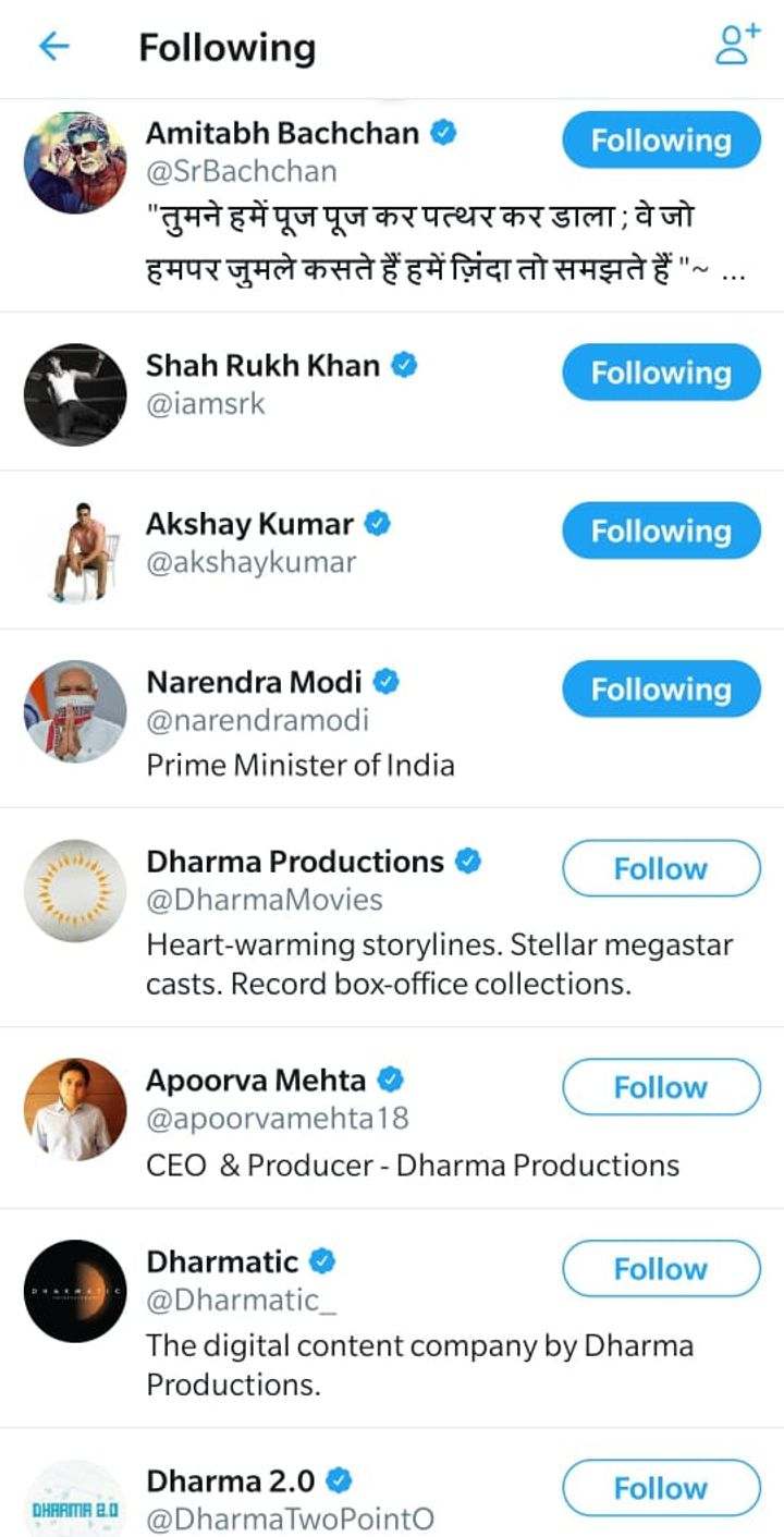 Karan Johar's 'Following' List on Twitter (Source: Twitter | @karanjohar)