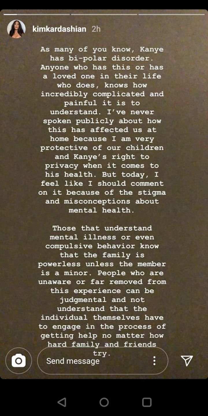 Kim Kardashian West's statement on Kanye West's bi-polar disorder (Source: Instagram | @kimkardashian)