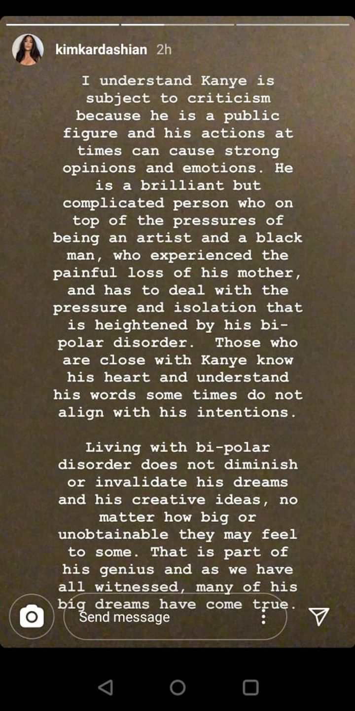 Kim Kardashian West's statement on Kanye West's bi-polar disorder (Source: Instagram | @kimkardashian)