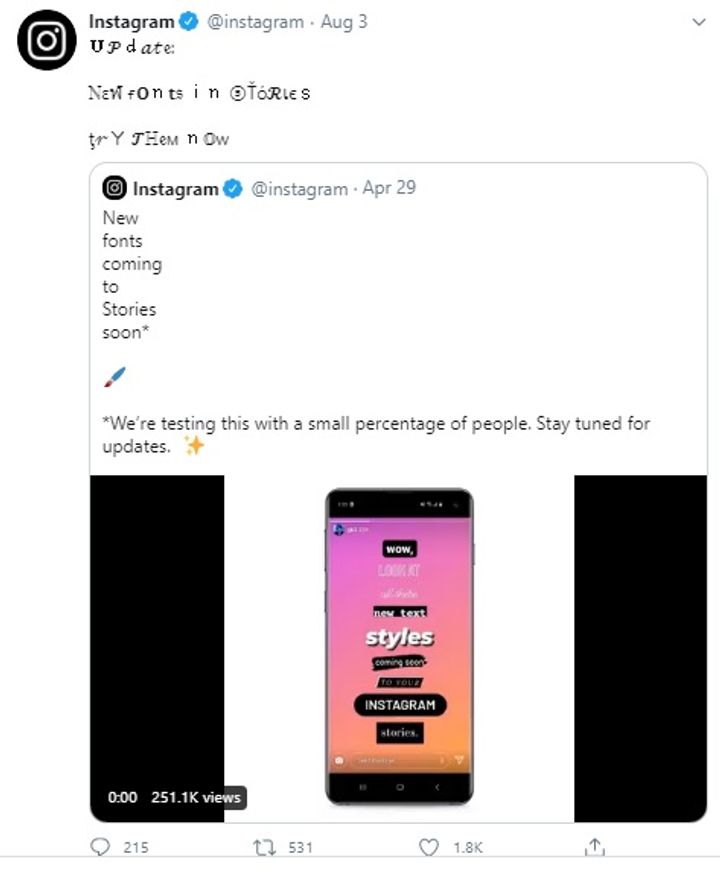 Instagram's Official Tweet (Source: Twitter | @instagram)