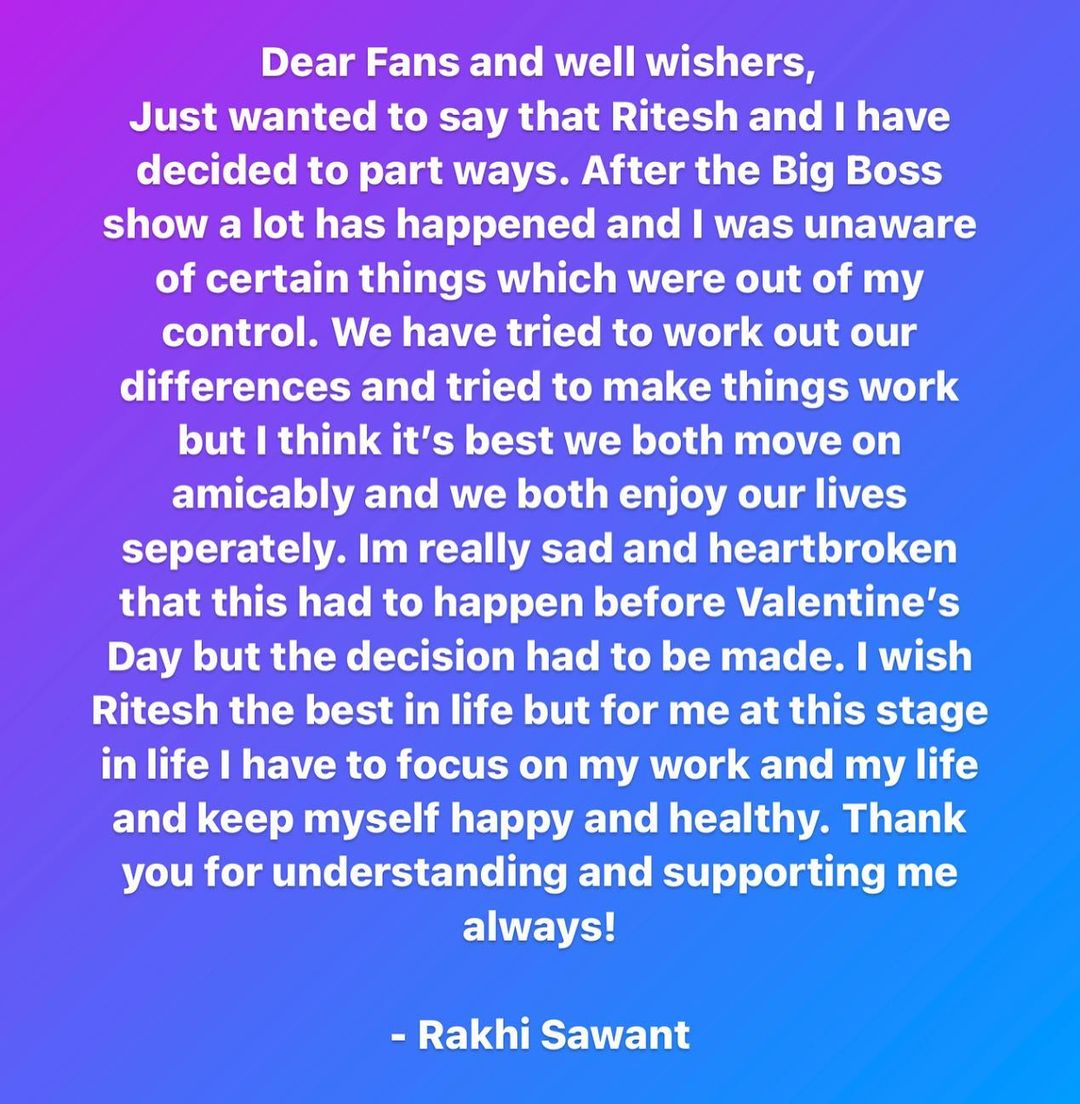 Rakhi Sawant announces separation with husband through this note