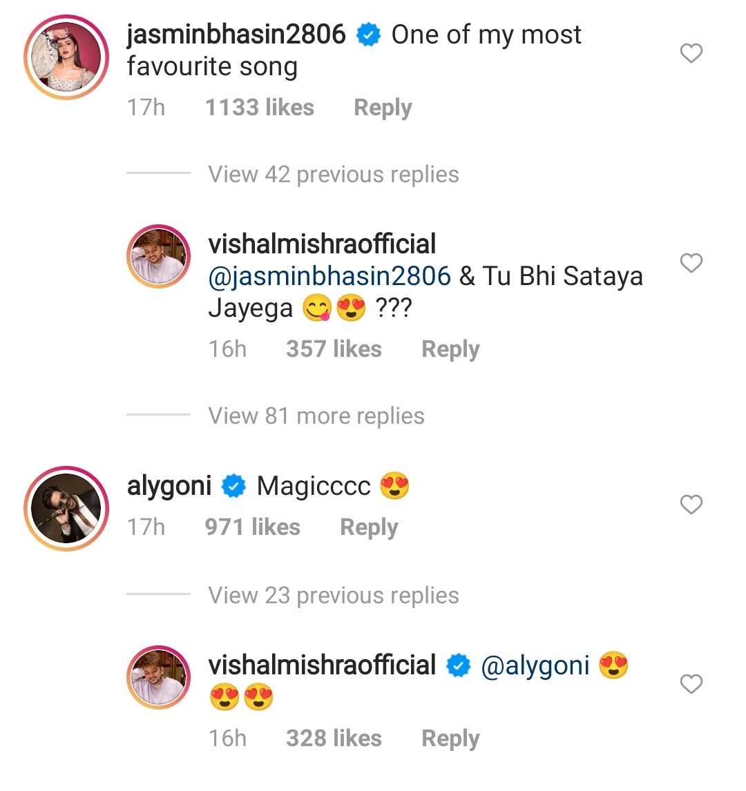 Jasmin Bhasin And Aly Goni's Comment