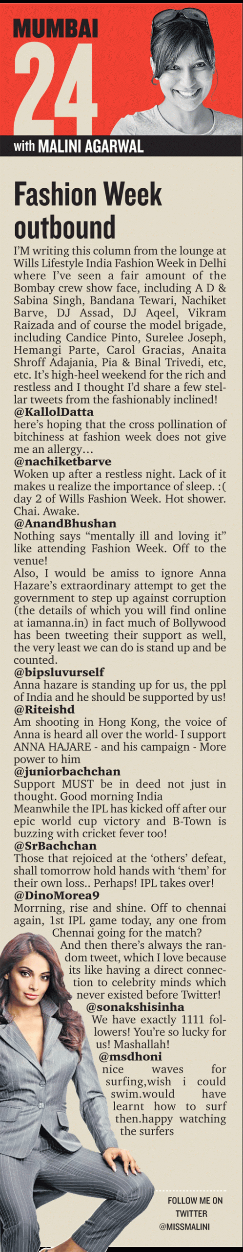 MissMalini in Mid Day – Wills Lifestyle India Fashion Week, Anna Hazare &#038; Random Tweets