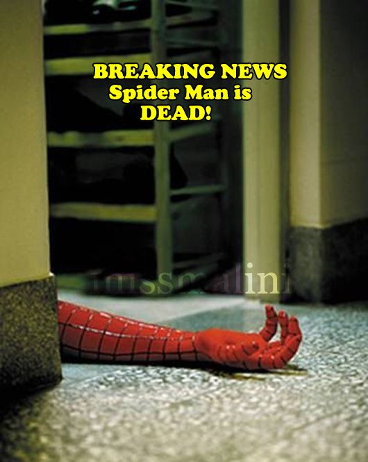Spider Man dies in a fight! (image is an ad for RAID insect repellent)