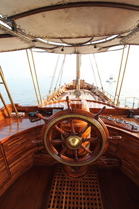 The wheel of Dipannita's yacht