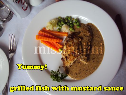 grilled fish with assorted vegetables and mustard sauce