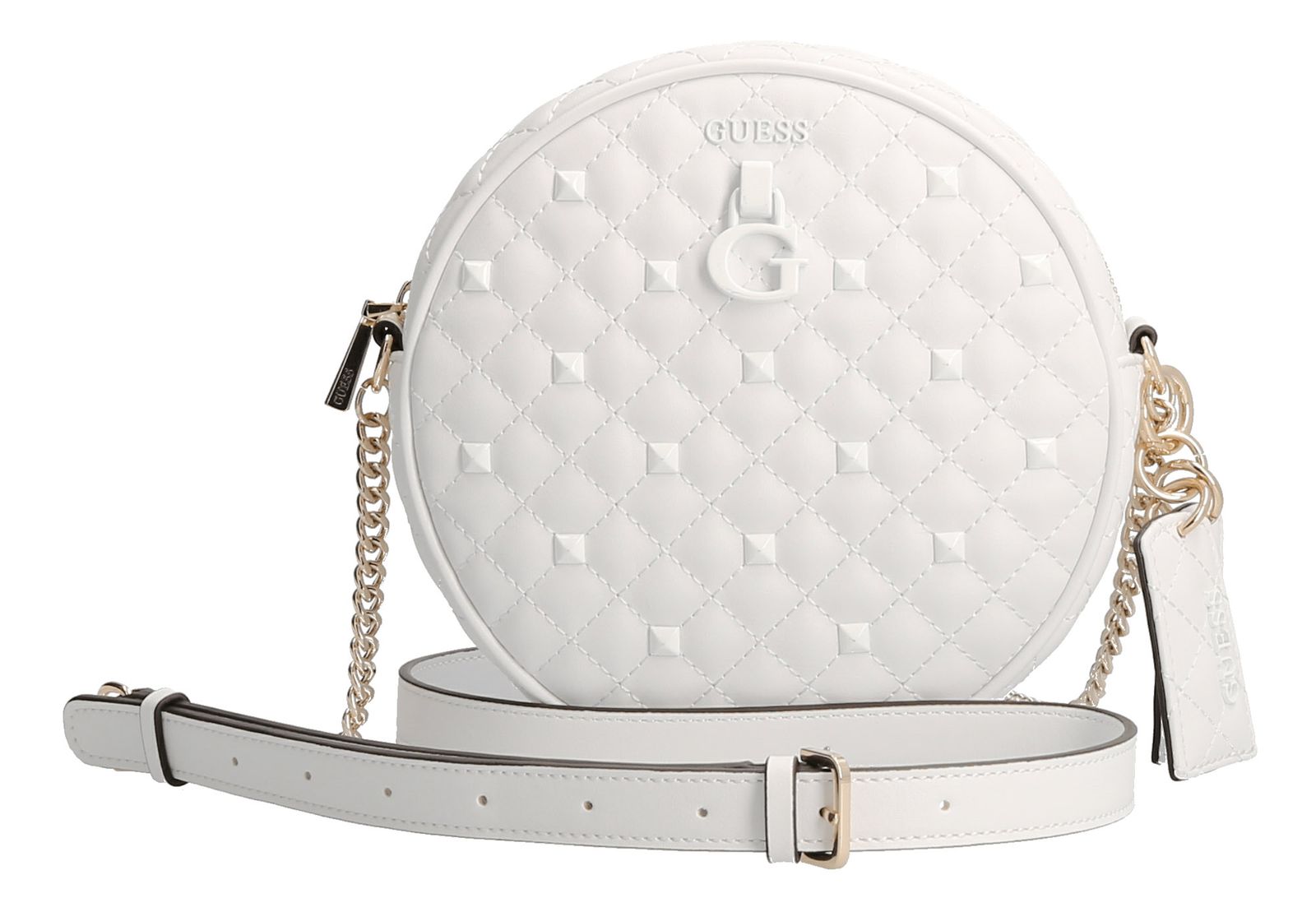 White Guess Round Crossbody Bag | Available on www.guess.com for ₹6,800